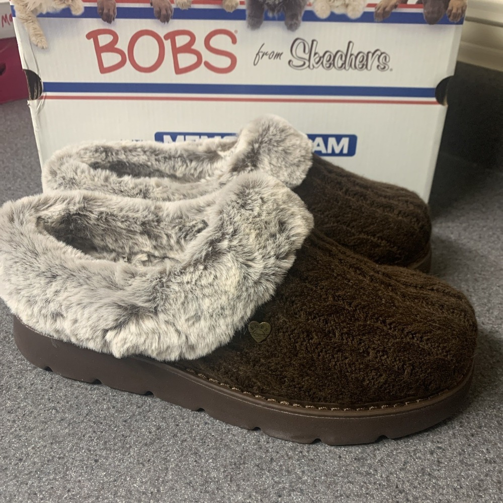 New Bobs Sketchers Keepsake Women Memory Foam Line Faux Fur Brown Cable Knit 8.5